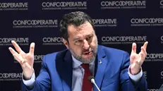 Il ministro dei Trasporti Matteo Salvini al convegno "I contratti pubblici come leva di sviluppo economico e sociale", organizzato da Confcooperative a Roma 17 aprile 2024. ANSA/MAURIZIO BRAMBATTI