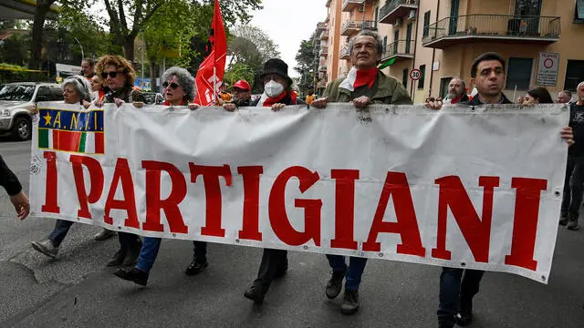 People take part in a rally, organized by the National Association of Italian Partisans (Anpi), marking the 78th anniversary of the Liberation Day (Festa della Liberazione), a nationwide public holiday in Italy that is annually celebrated on 25 April to remember Italian Partisans who fought against Nazists and Mussolini's troops during World War II and to honor those who served in the Italian Resistance, Rome, Italy, 25 April 2023. ANSA/RICCARDO ANTIMIANI