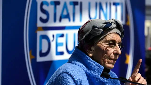 Emma Bonino durante la presentazione del simbolo e dei capilista della lista Stati Uniti d Europa per le elezioni europee dell 8 e 9 giugno, Roma, 20 aprile 2024. ANSA/RICCARDO ANTIMIANI