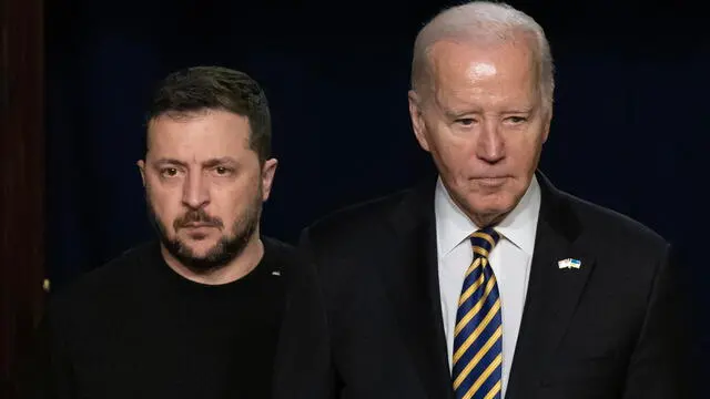 epa11025625 US President Joe Biden (R) and Ukrainian President Volodymyr Zelensky (L) enter the room to hold a joint news conference in the Indian Treaty Room of the Eisenhower Executive Office Building, on the White House complex in Washington, DC, USA, 12 December 2023. Ukrainian President Zelensky is in Washington to meet with members of Congress at the US Capitol and US President Joe Biden at the White House to make a last-ditch effort to convince the US Congress for further military aid before the holiday recess. Republicans want concessions from Democrats on border security in order to support aid to Ukraine. EPA/MICHAEL REYNOLDS