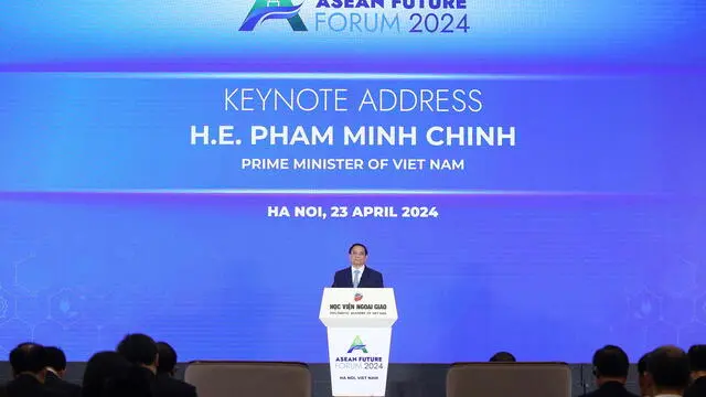 epa11295023 Vietnamese Prime Minister Pham Minh Chinh delivers a speech during the ASEAN Future Forum in Hanoi, Vietnam, 23 April 2024. The ASEAN Future Forum 2024, under the theme Toward fast and sustainable growth of a people-centered ASEAN Community, takes place in Hanoi on 23 April 2024. EPA/LUONG THAI LINH