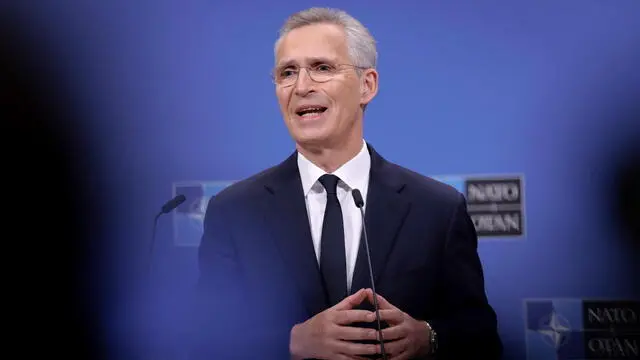 epa11288825 NATO Secretary General Jens Stoltenberg briefs the media after chairing a virtual meeting of the NATO-Ukraine Council (NUC) at the level of Allied Defence Ministers in the Alliance headquarters in Brussels, Belgium, 19 April 2024. EPA/OLIVIER MATTHYS