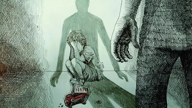 Un disegno di Emilio Vitelli per simbolizzare una violenza di abusi sui minori. ANSA / EMILIO VITELLI (generica, simbolica, stupro, violenza sessuale, minore, minorenne, ragazzo, bambino)