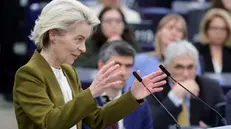 epa11297240 European Commission President Ursula von der Leyen gestures as she delivers a speech during a formal sitting on the 20th anniversary of the 2004 EU Enlargement at the European Parliament in Strasbourg, France, 24 April 2024. The EU Parliament's current plenary session runs from 22 until 25 April 2024. EPA/RONALD WITTEK