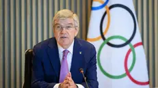 epa11229034 International Olympic Committee (IOC) President Thomas Bach speaks at the opening of the executive board meeting of the International Olympic Committee, at the Olympic House, in Lausanne, Switzerland, 19 March 2024. EPA/LAURENT GILLIERON