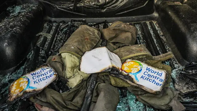 epa11259982 (FILE) - Clothes of members of the NGO World Central Kitchen (WCK) inside their destroyed car along Al Rashid road, between Deir Al Balah and Khan Yunis, southern Gaza Strip, 02 April 2024 (reissued 05 April 2024). On 07 October 2023, Hamas militants launched an attack against Israel from the Gaza Strip. Six months later, and after more than 33,000 Palestinians and over 1,450 Israelis have been killed, according to the Palestinian Health Ministry and the Israel Defense Forces (IDF); the conflict continues with what the UN agencies described as a catastrophic humanitarian situation in the Gaza Strip and high political tensions in Israel. The UN Security Council passed a resolution on 25 March demanding an 'immediate ceasefire' in Gaza for the duration of the Muslim holy month of Ramadan. But with Ramadan soon over, both Gazans and relatives of Israelis taken hostage in the October attacks are unsure when this latest flare-up of a long term conflict will really end. EPA/MOHAMMED SABER ATTENTION: This Image is part of a PHOTO SET