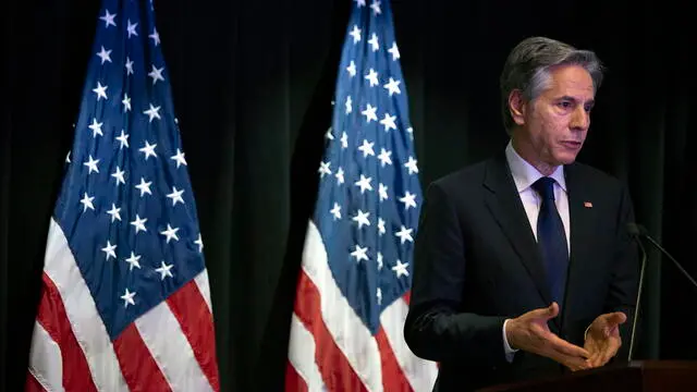 epa11302392 US Secretary of State Antony Blinken speaks during a press conference at the US Embassy in Beijing, China, 26 April 2024. Secretary Blinken paid a three-day visit to China. EPA/ANDRES MARTINEZ CASARES