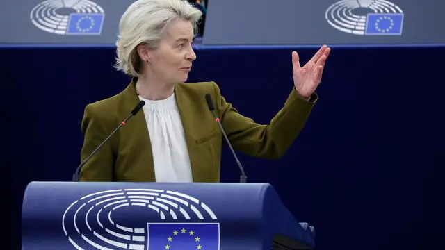 epa11297241 European Commission President Ursula von der Leyen delivers a speech during a formal sitting on the 20th anniversary of the 2004 EU Enlargement at the European Parliament in Strasbourg, France, 24 April 2024. The EU Parliament's current plenary session runs from 22 until 25 April 2024. EPA/RONALD WITTEK