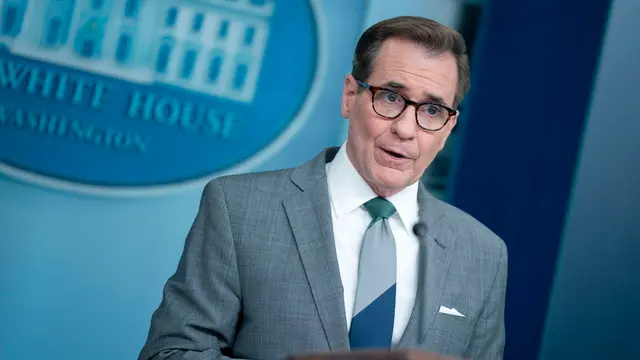 epa11280823 US National Security Council Coordinator for Strategic Communications John Kirby speaks during the daily press briefing in the James S. Brady Briefing Room at the White House in Washington, DC, USA, 15 April 2024. EPA/BONNIE CASH / POOL