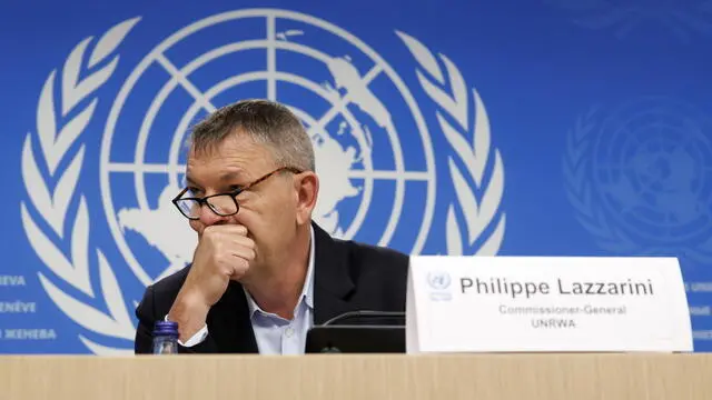 epa11309769 Philippe Lazzarini, Commissioner General of the United Nations Relief and Works Agency for Palestine Refugees in the Near East (UNRWA), presents an update on the situation of the occupied Palestinian territories during a press conference, at the European headquarters of the United Nations in Geneva, Switzerland, 30 April 2024. EPA/SALVATORE DI NOLFI