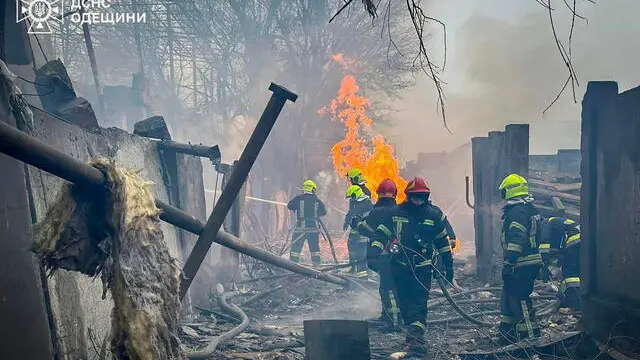 epa11222535 A handout picture made available by the State Emergency Service shows Ukrainian rescuers working on the site of a damaged civilian infrastructure object after a double rocket attack in the southern city of Odesa, Ukraine, 15 March 2024. After rescuers arrived at the scene of the attack, the location was struck by a second rocket attack, in which at least one rescuer was killed. At least 16 people died and 53 others were injured following the Russian rocket attack in Odesa, according to the Ukraine's State Emergency Service report. Russian troops entered Ukrainian territory in February 2022, starting a conflict that has provoked destruction and a humanitarian crisis. EPA/STATE EMERGENCY SERVICE HANDOUT 46832 HANDOUT EDITORIAL USE ONLY/NO SALES HANDOUT EDITORIAL USE ONLY/NO SALES