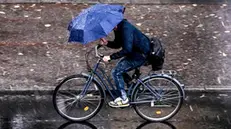 epa10773862 A cyclist uses an umbrella as he rides through heavy rain in Berlin, Germany, 28 July 2023. EPA/Filip Singer