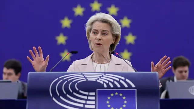 epa11295064 European Commission President Ursula von der Leyen speaks during a debate on 'Conclusions of the recent European Council meetings, in particular on a new European Competitiveness deal and the EU strategic agenda 2024-2029', at the European Parliament in Strasbourg, France, 23 April 2024. The EU Parliament's session runs from 22 until 25 April 2024. EPA/RONALD WITTEK