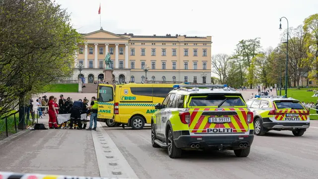 epa11312881 A general view shows a cordoned off area after the police detained a man with two knives who ran after people in the area by the Nationaltheatret subway station in Oslo, Norway, 01 May 2024. According to Oslo police, a person was slightly injured with stab wounds to an arm in the incident, which is not terror-related. EPA/HEIKO JUNGE NORWAY OUT