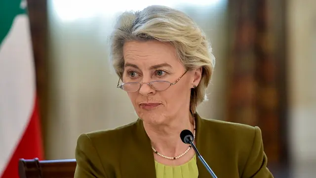 epa11313901 European Commission President Ursula von der Leyen looks on after a meeting with the Lebanese caretaker prime minister at the Government Palace in downtown Beirut, Lebanon, 02 May 2024. The president of Cyprus and the European Commission president are both in Beirut to talk about the current surge in Syrian refugee immigration. Around 2,140 people arrived by boat in Cyprus between 01 January and 04 April 2024, compared to only 78 people during that same period in 2023, the vast majority were Syrian nationals departing from Lebanon, according to the Cypriot Interior Ministry. EPA/WAEL HAMZEH