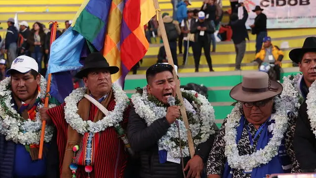 epa11320834 The new president of the Movimiento Al Solicialismo (Movement for Socialism), MAS, Grover Garcia, speaks after his election in the tenth congress of the MAS in El Alto, Bolivia, 05 May 2024. The former president of Bolivia, Evo Morales (2996-2019), was excluded from the new direction of the MAS, which was outlined in a congress impulse for the followers of the actual president, Luis Arce. EPA/LUIS GANDARILLAS