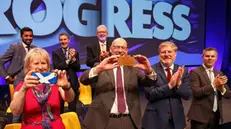 epa06257097 Scottish National Party (SNP) Deputy First Minister John Swinney (2-L) with other members react after SNP leader Nicola Sturgeon speech at the party conference at the SECC in Glasgow, Scotland, Britain, 10 October 2017. EPA/ROBERT PERRY
