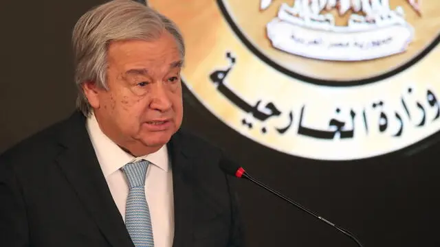 epa11240913 Secretary-General of the United Nations Antonio Guterres speaks during a press conference with Egyptian Foreign Minister (not pictured) at the foreign ministry office at the New Administrative Capital (NAC), Egypt, 24 March 2024. Guterres arrived in Egypt on 23 March as part of his annual Ramadan solidarity trip, during which he met with Egyptian officials and travelled to northern Sinai to meet with UN humanitarian workers in Rafah on the Egyptian side of border with Gaza. EPA/KHALED ELFIQI