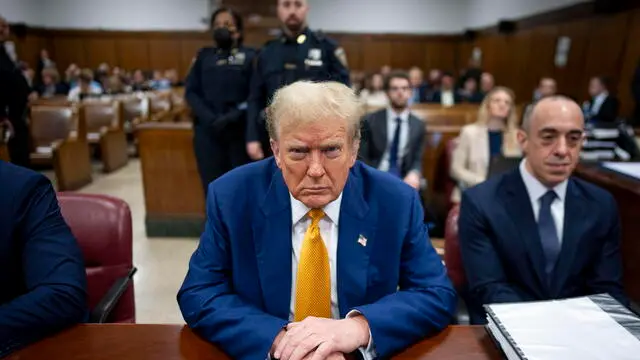 epa11314437 Former US President Donald Trump awaits the start of proceedings in his criminal trial at the New York State Supreme Court in New York, USA, 02 May 2024. Trump is facing 34 felony counts of falsifying business records related to payments made to adult film star Stormy Daniels during his 2016 presidential campaign. EPA/DOUG MILLS / POOL