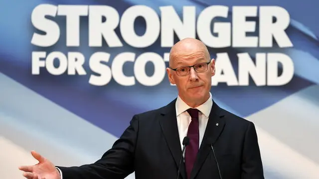 epa11321918 New Scottish National Party (SNP) Leader (SNP), John Swinney MSP, delivers a speech at Glasgow University, in Glasgow, Scotland, Britain, 06 May 2024. The former Scottish deputy first minister has been confirmed as the SNP's new leader as no other candidates came forward to challenge him for the position. This follows Humza Yousaf's announcement on 29 April 2024 that he was standing down as First Minister and Leader of the SNP. EPA/ROBERT PERRY