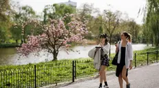 epa11276693 People enjoy the warm weather in St James's Park in London, Britain, 13 April 2024. Londoners get the warmest weather of the year so far this weekend, with temperatures reaching up to 21 degrees Celsius, 9 degrees higher than April's daily high average. EPA/TOLGA AKMEN