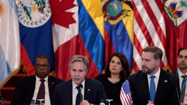 epa11325280 US Secretary of State Anthony Blinken (L) and US Ambassador to Guatemala Tobin Bradley (R) attend the third Ministerial Meeting of the Los Angeles Declaration on Migration and Protection in Guatemala City, Guatemala, 07 May 2024. Blinken is on an official visit to Guatemala. EPA/David Toro