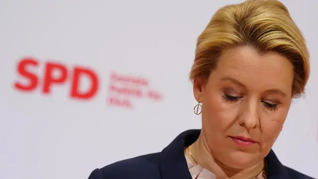 epa10464907 Social Democratic Party (SPD) top candidate for the office of Berlin Mayor, Berlin Governing Mayor Franziska Giffey, looks on during a press conference at the partyâ€™s headquarters in Berlin, Germany, 13 February 2023. Berlin repeated the election for the 19th Berlin House of Representatives after Berlin's Constitutional Court declared the state election from September 26, 2021 invalid and ordered a re-run due to 'systematic faults'. Berlin regional Social Democrats lost many of their voters compared to the previous round of elections. EPA/CLEMENS BILAN