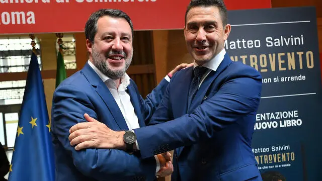 Italy's deputy Prime Minister, Minister of Infrastructure and leader of Italian far-right League party (Lega) Matteo Salvini (L) and League party candidate for the upcoming European elections, General Roberto Vannacci (R), attend the presentation of Salvini's new book "Controvento. L'Italia che non si arrende" at the Adriano Temple in Rome, Italy, 30 April 2024. ANSA/ETTORE FERRARI