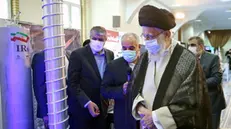 epa10684874 A handout picture made available by Iran's Supreme Leader Office shows Iranian supreme leader Ayatollah Ali Khamenei, accompanied by the head of the Atomic Energy Organization of Iran (AEOI) Mohammad Eslami (L), visiting an exhibition on Iran's nuclear industry achievements, in Tehran, Iran, 11 June 2023. EPA/IRAN'S SUPREME LEADER OFFICE HANDOUT HANDOUT EDITORIAL USE ONLY/NO SALES