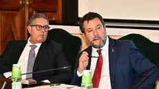 (S-D) Il presidente della regione Liguria Giovanni Toti, il ministro delle infrastrutture Matteo Salvini, durante l'incontro per fare il punto sui lavori e ammodernamento del nodo autostradale genovese. Genova, 21 settembre 2023. ANSA/LUCA ZENNARO