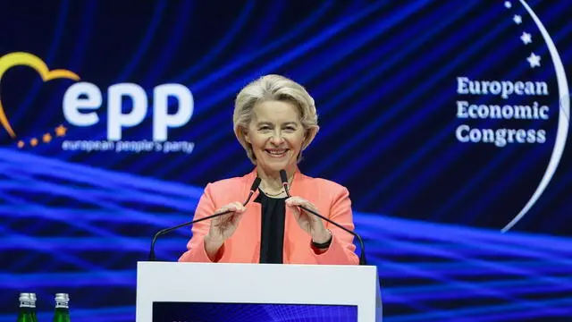 epa11324090 European Commission President Ursula von der Leyen speaks at the inauguration of the 16th European Economic Congress (EEC) at the International Congress Center in Katowice, Poland, 07 May 2024. The European Economic Congress from 07 to 09 May 2024 'will feature a number of innovations that will not only raise the event's profile, but also develop the strongest assets of the EEC brand', the EEC describes the meeting on its website. EPA/JAREK PRASZKIEWICZ POLAND OUT