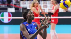 epa10833965 Paola Ogechi Egonu of Italy reacts during the EuroVolley Women 2023 semi finals volleyball match between Turkey and Italy, in Brussels, Belgium, 01 September 2023. EPA/OLIVIER MATTHYS
