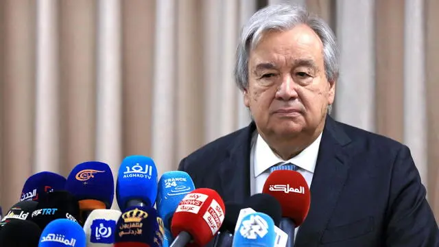 epa11242261 United Nations Secretary-General Antonio Guterres attends a press conference inside a UNRWA school at Al-Wehdat camp for Palestinian refugees in Amman, Jordan 25 March 2024. Gutteres visited the Rafah border crossing between Gaza and Egypt on 23 March. The UN security Council is due, on 25 March, to vote again on a new resolution calling for an "immediate" ceasefire in Gaza, three days after another ceasefire resolution presented by the US had been vetoed by Russia and China. EPA/MOHAMMAD ALI