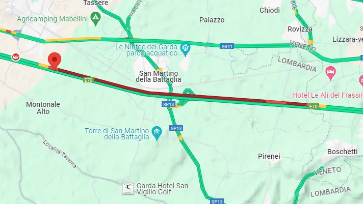 La situazione del traffico in quel tratto: in rosso la zona interessata da rallentamenti - © www.giornaledibrescia.it