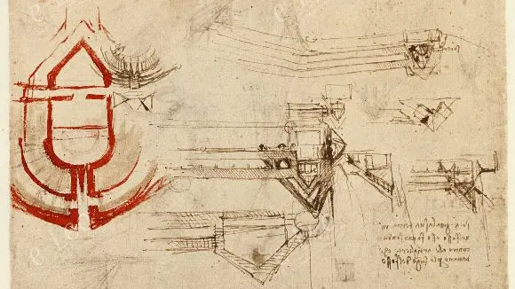Sul foglio 125v del Codice Atlantico la rappresentazione del «triangolo francese» (in seppia) e la parola «socorso», in alto a destra
