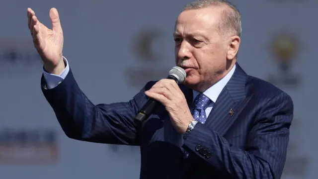 epa11241079 Turkish President Recep Tayyip Erdogan delivers a speech during the AK Party's election campaign rally in Istanbul, Turkey, 24 March 2024. The local elections in Turkey are scheduled for 31 March 2024. EPA/ERDEM SAHIN