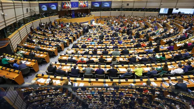 epa11270622 Members of European Parliament take part in a series of votes during a plenary session at the European Parliament in Brussels, Belgium, 10 April 2024. The European Parliament approved a reform of EU asylum law. Members of European Parliament voted to speed up asylum procedures and facilitate deportations. EPA/OLIVIER HOSLET