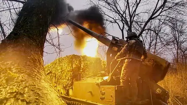 epa11269495 A still image taken from a handout video provided by the Russian Defence ministry press-service shows Russian combat work of crews of SA 2C5 â€˜Hyacinth-Sâ€™ of â€˜Vostokâ€™ (East) troops against Ukrainian troops at an undisclsoed location on South-Donetsk direction in the Russian controlled part of Ukraine, Donetsk region, 10 April 2024. According to the Russian Defence Ministry, crews of 2S5 Giatsint-S self-propelled artillery units are conducting counter-battery combat, striking at Ukrainian army ammunition depots and strongholds. EPA/RUSSIAN DEFENCE MINISTRY PRESS SERVICE/HANDOUT HANDOUT HANDOUT EDITORIAL USE ONLY/NO SALES HANDOUT EDITORIAL USE ONLY/NO SALES HANDOUT EDITORIAL USE ONLY/NO SALES