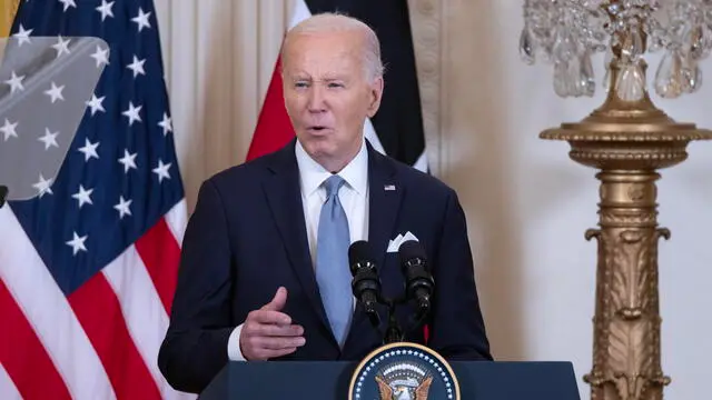 epa11364331 US President Joe Biden speaks during a joint news conference with President of Kenya William Ruto (not pictured) in the East Room of the White House in Washington, DC, USA, 23 May 2024. Kenyan President Ruto's state visit marks the 60th anniversary of US-Kenya diplomatic relations and is the first state visit to the White House of an African leader since 2008. EPA/MICHAEL REYNOLDS