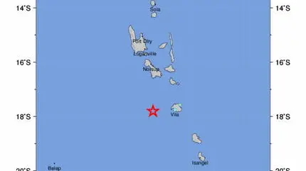 epa09015228 A handout intensity map made available by the United States Geological Survey (USGS) shows the location of a 6.2-magnitude earthquake off the coast of Port Vila, Vanuatu, 16 February 2021. No tsunami warning was issued. EPA/USGS HANDOUT HANDOUT EDITORIAL USE ONLY/NO SALES