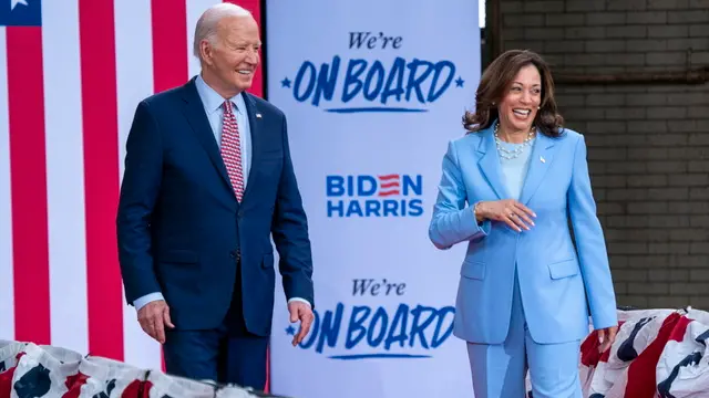 epa11378259 US President Joe Biden and Vice President Kamala Harris arrive to deliver remarks during a campaign rally at Girard College in Philadelphia, Pennsylvania, USA, 29 May 2024. President Biden and Vice President Harris officially launch their Black Voters for Biden-Harris campaign during the rally at Girard College, a majority Black school in Philadelphia. EPA/SHAWN THEW