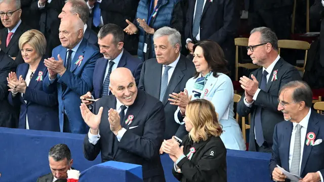 epa11385232 Italian Minister of Foreign Affairs Antonio Tajani (C, back), (L-R, first row) Italian Minister of Defense Guido Crosetto, Italian Prime Minister Giorgia Meloni and Italian Senate President Ignazio La Russa attend the military parade for Republic Day 'Festa della Repubblica' at the Fori Imperiali, Rome, Italy, 02 June 2024. Republic Day is a national day of celebration established to commemorate the founding of the Italian Republic. It is celebrated every year on 02 June, the date of the institutional referendum of 1946, with the main celebration taking place in Rome. EPA/CLAUDIO PERI