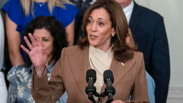 epa11330188 US Vice President Kamala Harris delivers remarks during a ceremony to celebrate the Las Vegas Aces' victory in the 2023 WNBA Finals in the East Room of the White House in Washington, DC, USA, 09 May 2024. President Biden honored the Aces victory over the New York Liberty for the 2023 WNBA title, becoming the first WNBA franchise to repeat as champions since 2002. EPA/SHAWN THEW