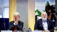 epa10992142 Leader of the far-right Freedom Party PVV Geert Wilders (L) and Frans Timmermans (GroenLinks/PvdA) during a meeting with party leaders for coalition talks in the House of Representatives in The Hague, The Netherlands, 24 November 2023. EPA/Remko de Waal