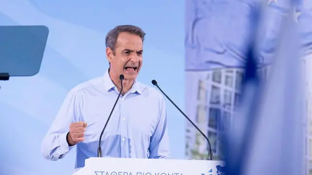 epa11392025 Greek Prime Minister Kyriakos Mitsotakis delivers a speech ahead of the 2024 European elections in Thessaloniki, southern Greece, 05 June 2024. European Parliament elections are scheduled across EU member states from 06 to 09 June 2024. EPA/ACHILLEAS CHIRAS
