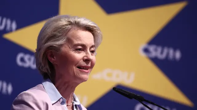 epa11396299 European Commission President Ursula von der Leyen delivers a speech during the final campaign rally of CDU and CSU for the European elections in Munich Germany, 07 June 2024. This year's European Parliament elections are scheduled across EU member states from 06 to 09 June. EPA/ANNA SZILAGYI