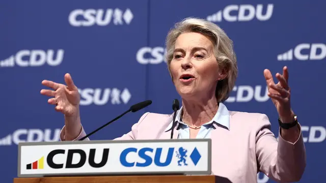 epa11396298 European Commission President Ursula von der Leyen delivers a speech during the final campaign rally of CDU and CSU for the European elections in Munich Germany, 07 June 2024. This year's European Parliament elections are scheduled across EU member states from 06 to 09 June. EPA/ANNA SZILAGYI