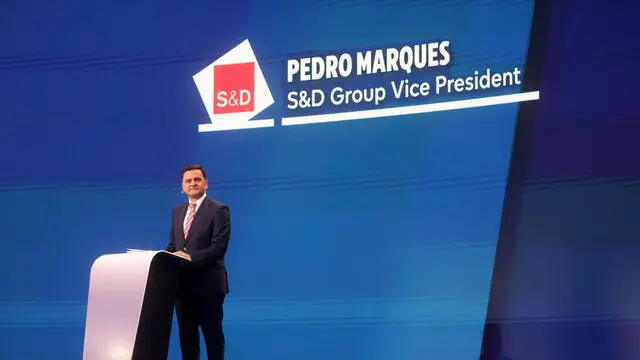 epa11400914 S&D Group Vice President Pedro Marques reacts on stage at European Parliament Hemicycle during the European election electoral evening in Brussels, Belgium, 09 June 2024. The European Parliament elections take place across EU member states from 06 to 09 June 2024. Members of the European Parliament met for the last time of the legislature in plenary session in Strasbourg on 25 April 2024. EPA/OLIVIER HOSLET