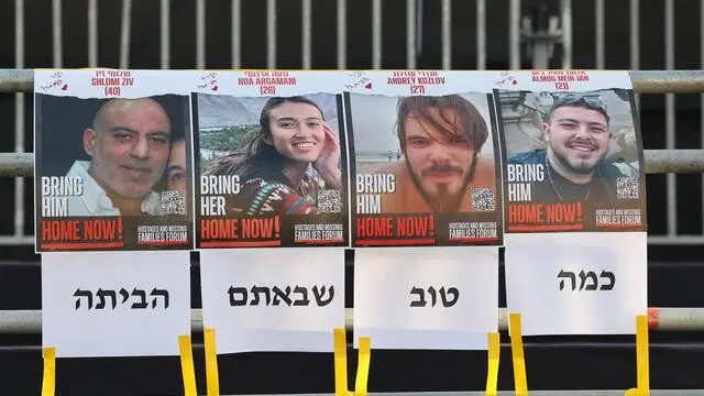 epa11398051 Portraits of released hostages at the hostages square in Tel Aviv, Israel, 08 June 2024. Israeli Special Forces successfully rescued Noa Argamani, Andrey Kozlov, Almog Meir Jan, and Shlomi Ziv from Hamas captivity during a rescue operation in Nuseirat, Gaza Strip, the IDF announced 08 June 2024. The hostages have been transferred to the Tel HaShomer Hospital, the IDF said. EPA/ABIR SULTAN
