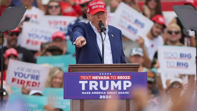 epa11401210 Republican presidential candidate and former President Donald Trump speaks during an election rally at Sunset Park in Las Vegas, Nevada, USA, 09 June 2024. EPA/ALLISON DINNER